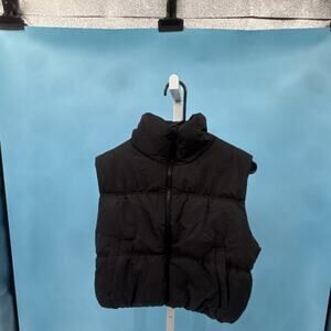 Women’s Black Regular Zip Front Puffer Vest Solid Sleeveless Pockets Size S
